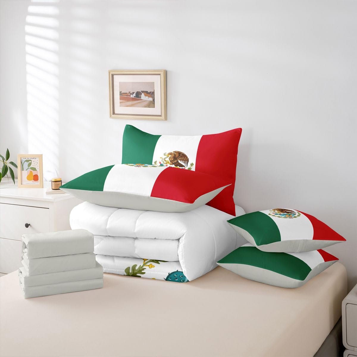 Feelyou Mexican Flag Comforter Set with Sheets 7 Piece Queen Size Mexico Bed in a Bag Kids Boys Girls World Countries Bedding Set Bedroom Decor Breathable Soft Lightweight Microfiber