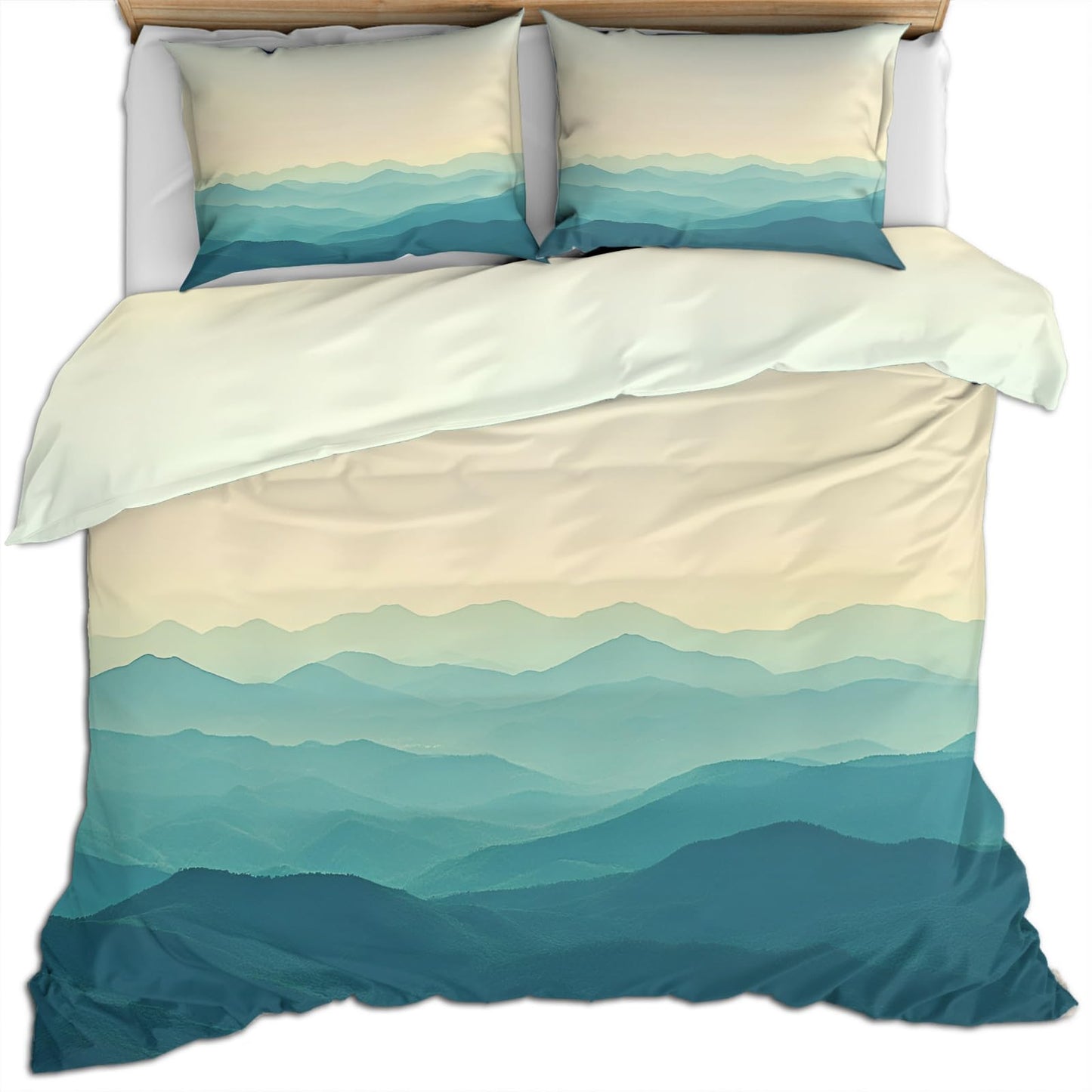 PAISUOQ Mountain Bedding, Misty Mountains Comforters Queen Size, Natural Landscapes Duvet Cover with 2 Pillowcases, 3 Pieces with Zipper & Ties, Home Decor & Gifts