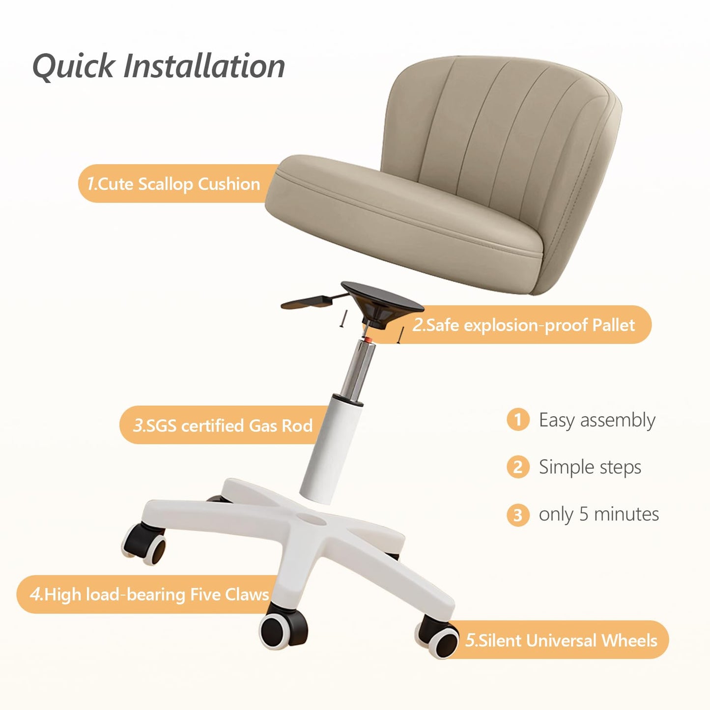 XUEGW Small Scallop Desk Chair with Back, Cute Armless Rolling Vanity Chair with PU Leather, Comfy Office Task Computer Chairs Height Adjustable for Bedroom