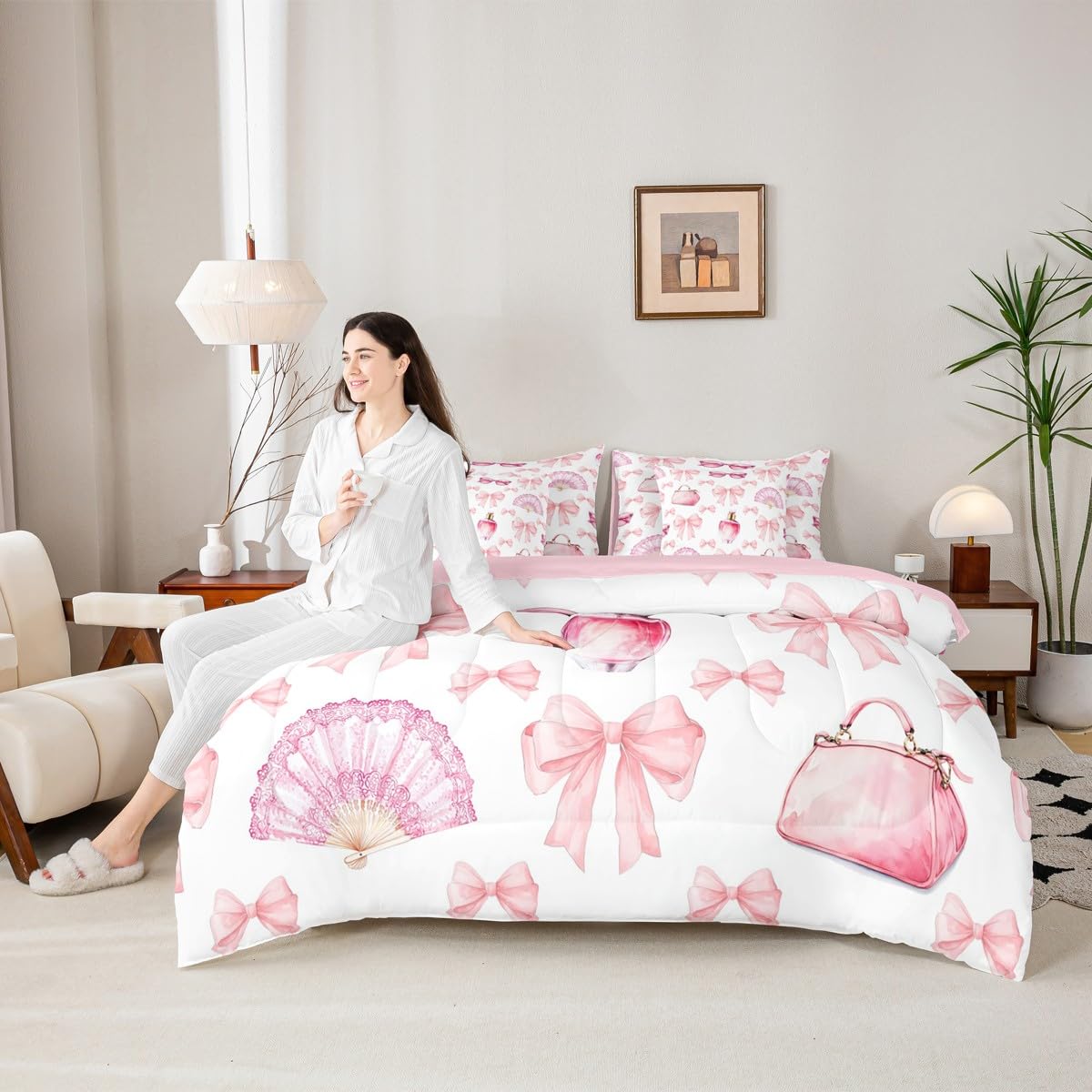 Erosebridal 7 Pcs Bowknot Girls Kids Comforter Set King Bed in a Bag,Girly Makeup Theme Bedding Set,Dreamy Princess Style Sheet Set,Perfume Beauty Duvet Insert,Valentine Bow Quilt for Girlfriend