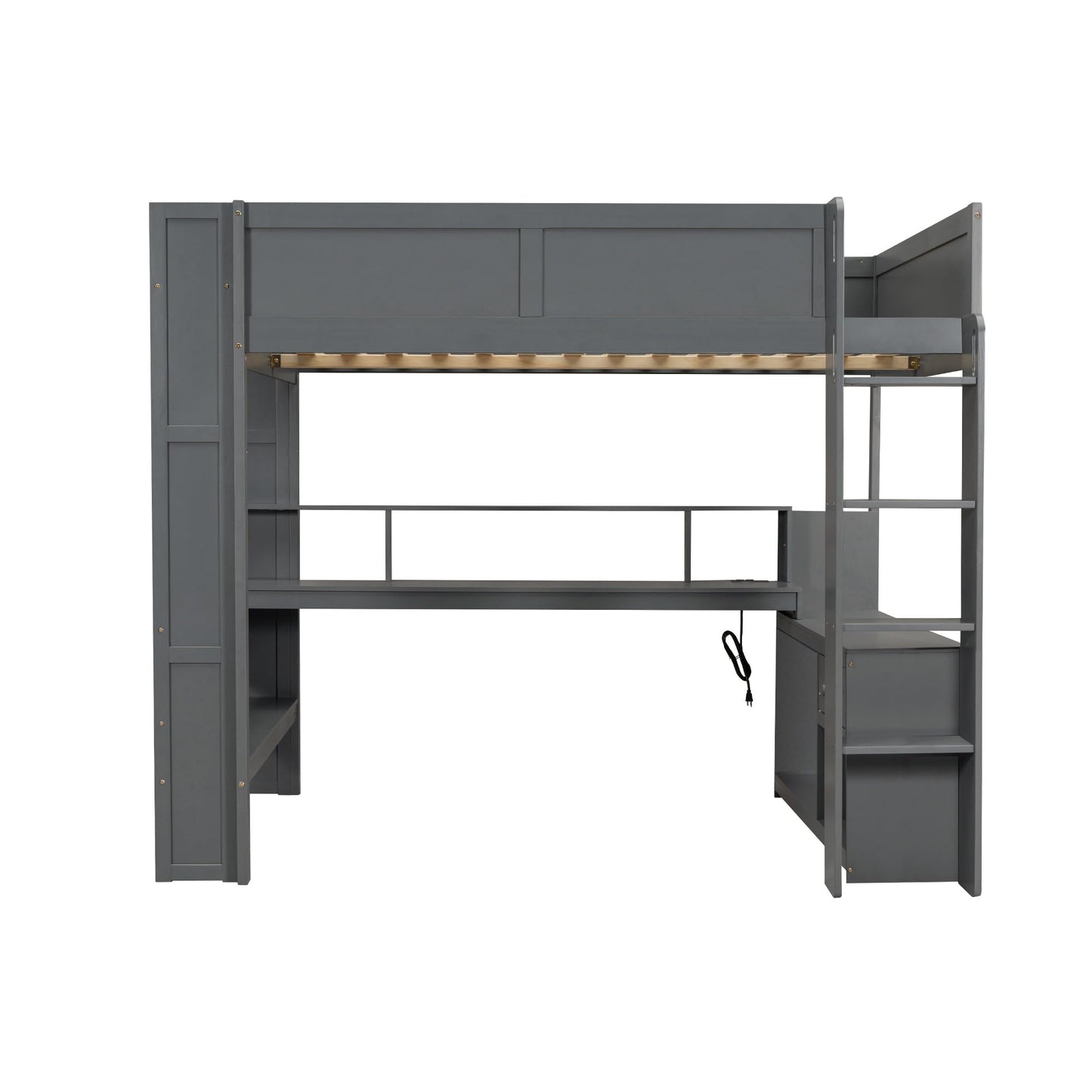 HRJHLucky Full Size Wood Gaming Loft Bed with Desk, Storage Shelves, LED and Charging Station (Full)