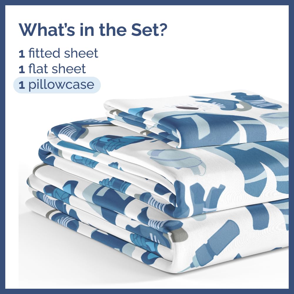 Kids Twin Size Blue Ice Hockey Bed Sheets - 3 Piece Sport Sheet Set - Ice Hockey Player Print Bedding - Soft, Breathable & Machine Washable - Sports Game Bed Set for Boys, Girls, Teens and Toddlers