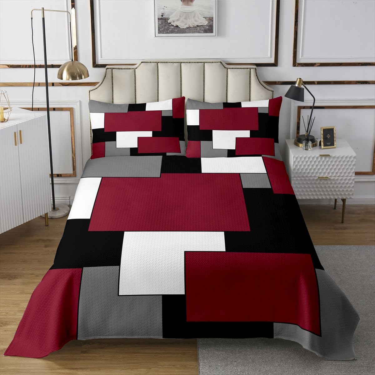 jejeloiu Red White Geometric Grid Bedspread King Size Aesthetics Art Coverlet Set Modern Abstract Quilted Coverlet for All Season with 2 Pillowcases Microfiber Lightweight