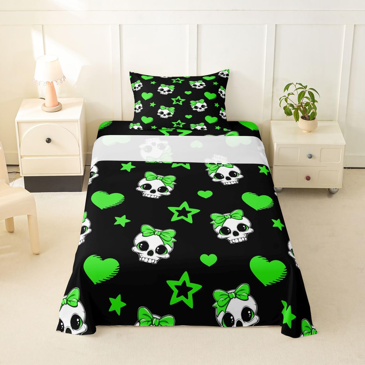 Castle Fairy Cute Skeleton Bed Sheets Twin Size,Exotic Skull Star Love Bowknot Print Easy Wash Bedding Set,Halloween Theme Kids Room Decor,Black Green Sheet(Fitted+Flat+1 Pillowcase)