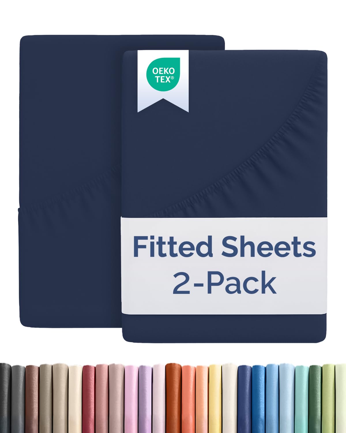 Full Size Fitted Bed Sheet - Pack of 2 Single Fitted Bottom Sheet Only - Fits Mattress Up to 16" Deep Pockets - Extra Soft, Breathable & Cooling - Hotel Quality, Shrink and Wrinkle Free - Navy Blue