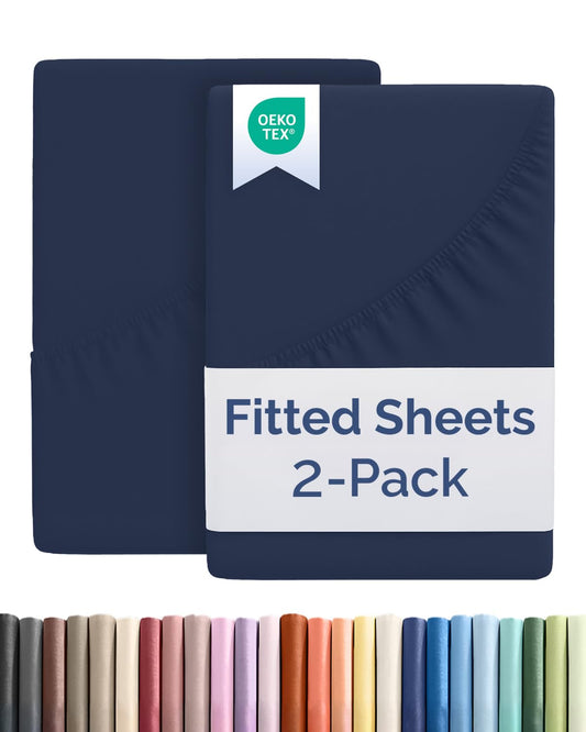 Full Size Fitted Bed Sheet - Pack of 2 Single Fitted Bottom Sheet Only - Fits Mattress Up to 16" Deep Pockets - Extra Soft, Breathable & Cooling - Hotel Quality, Shrink and Wrinkle Free - Navy Blue