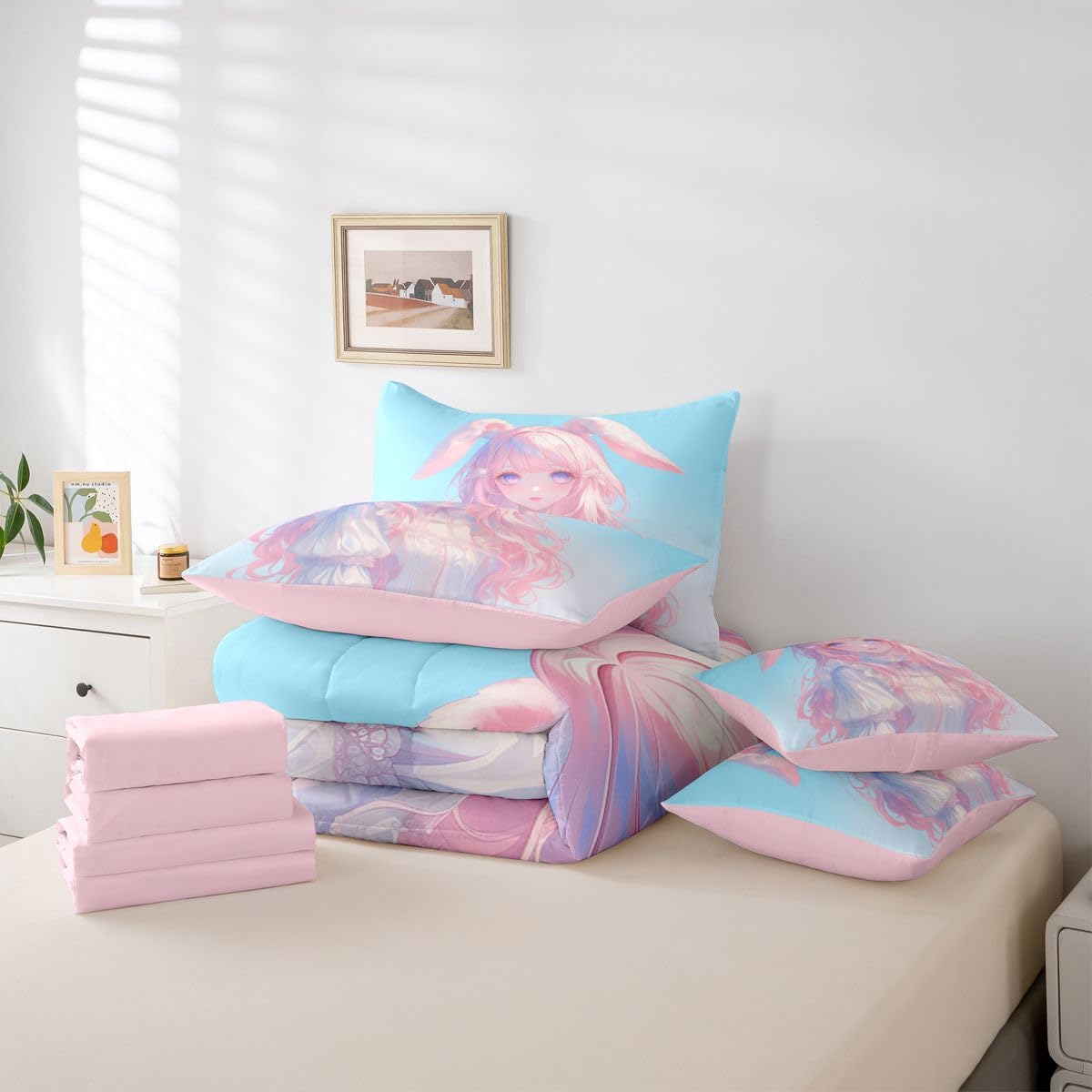 Erosebridal 3D Anime Girl Bedding Set,Japanese Girl Bed in A Bag Cartoon Anime Twin Comforter Set 7 Piece for Kids Teen Women Room Decor,Pink Kawaii Rabbit Doll Blue Bed Set