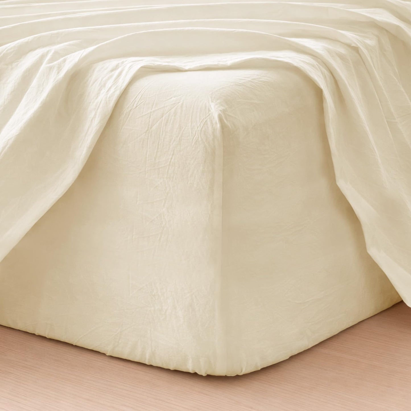 MooMee Fitted Bottom Sheet Only 100% Washed Cotton Linen Like Textured Breathable Durable Soft Comfy Deep Pocket Fits Mattress up to 17" (Cream White, Queen)