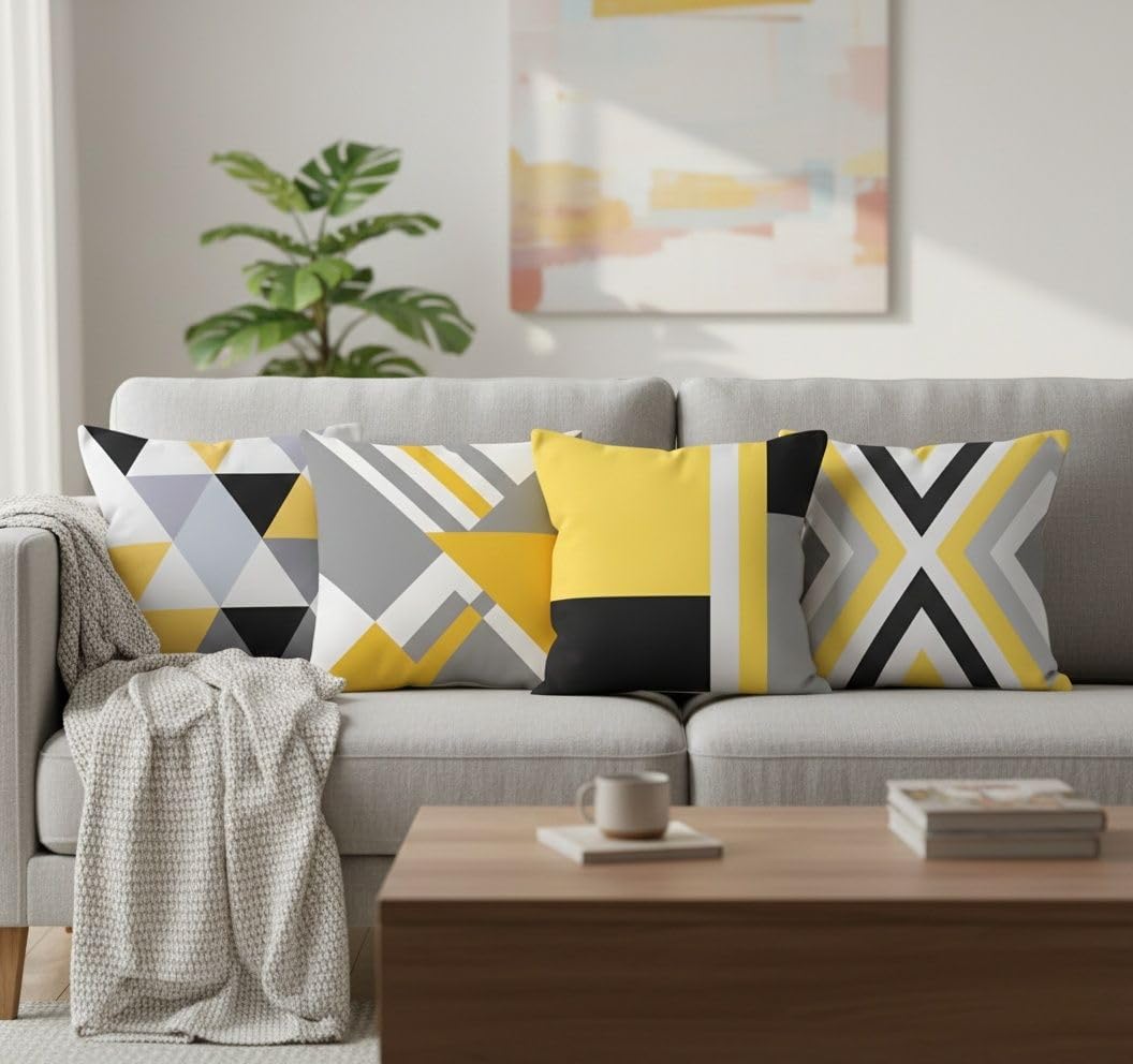 Hopomoon Yellow and Gray Abstract Throw Pillow Covers 18x18 Inch Set of 4,Modern Geometric White Linen Decorative Pillowcases for Couch, Sofa, Living Room, Farmhouse Home Decor