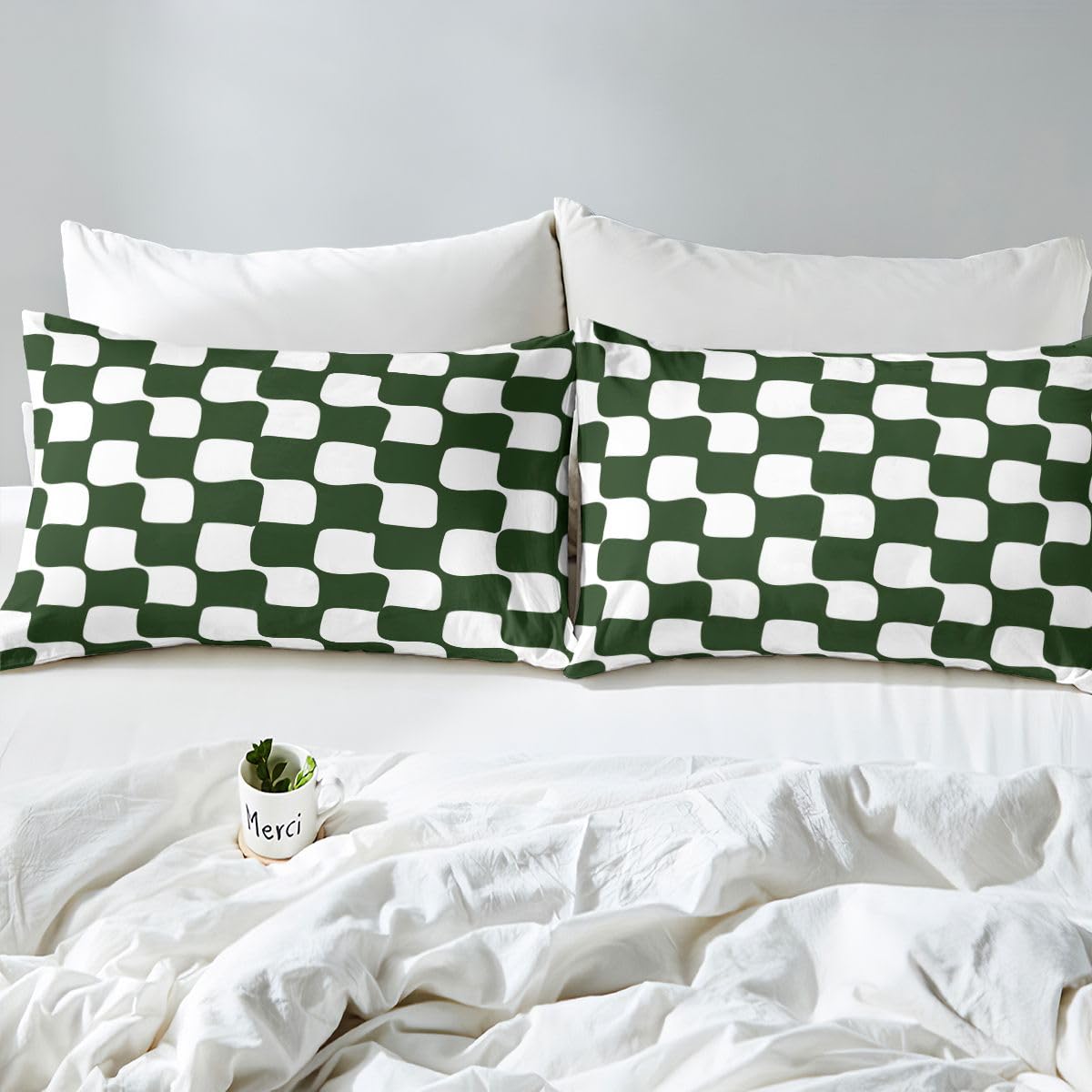 jejeloiu Checkered Grid Fitted Sheet Full Size for Kids Boys Girls Buffalo Plaid Bed Sheets Set 16" Deep Pocket Soft Breathable Microfiber Green White Bedding with 2 Pillowcases Geometric Room Decor