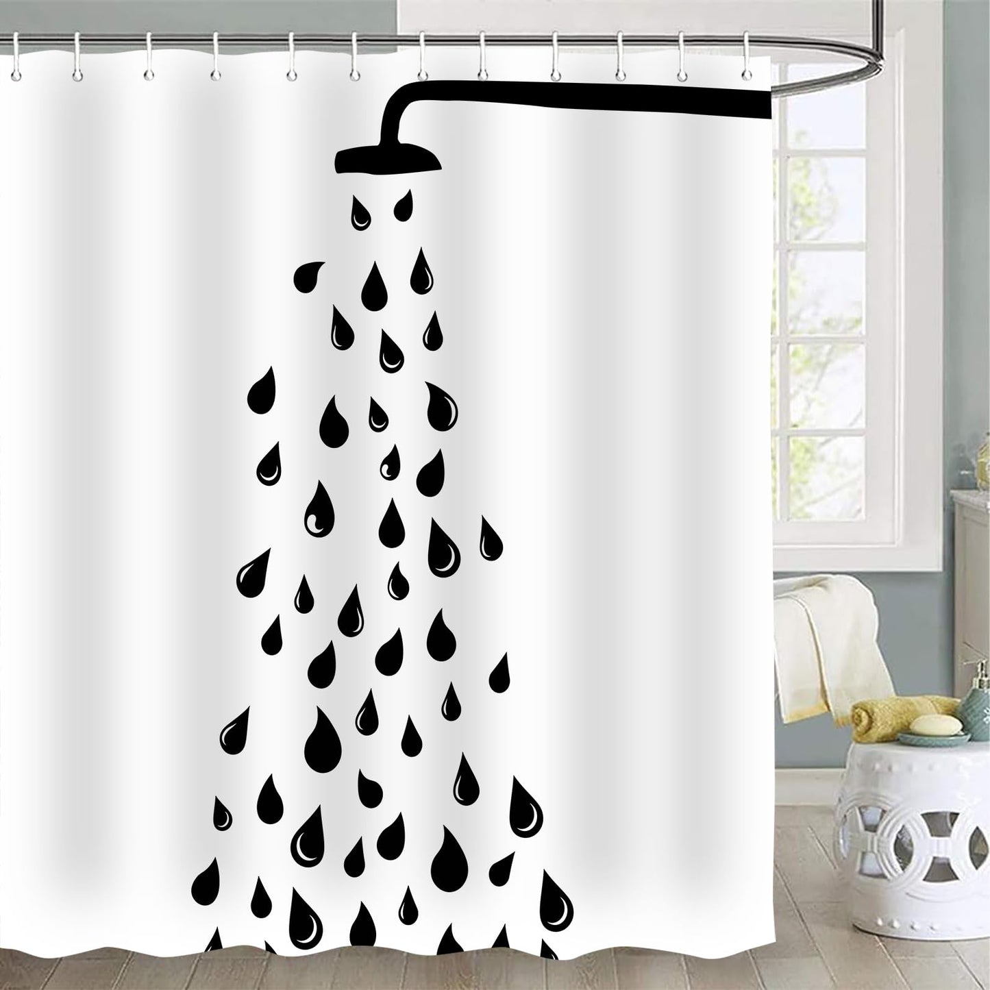 Emwnodti Cute Funny Raindrop Shower Head Shower Curtain, Black White Water Droplets Modern Minimalis Bathroom Decor, Polyester Fabric Waterproof Bath Curtain Accessory Set with 12 Hooks 72x72 inch