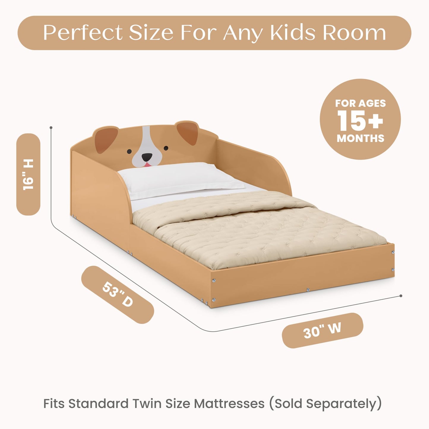 Delta Children Puppy Wood Floor Toddler Bed with Reusable Stickers, Brown