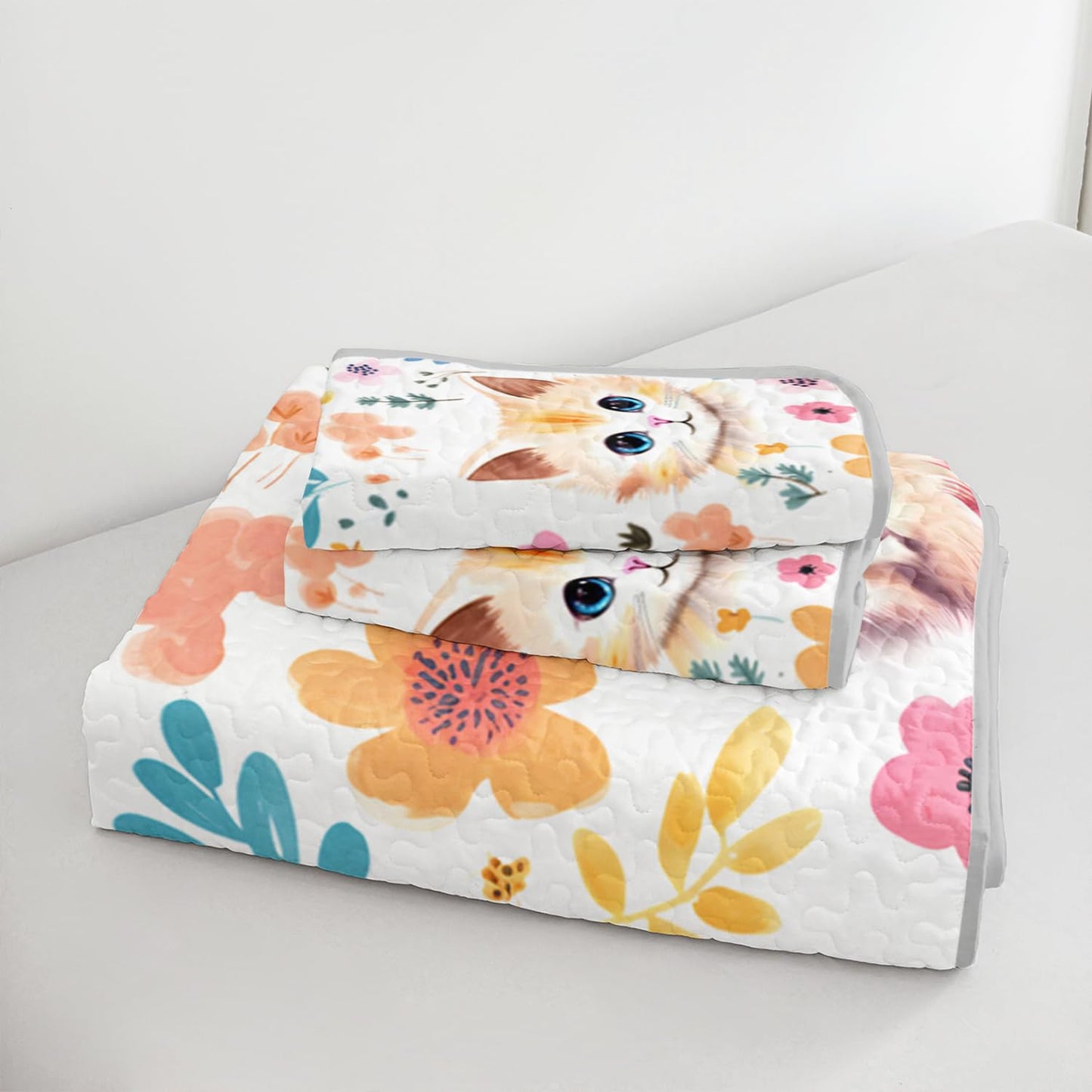 UEVBF Kawaii Cat Quilt Set,Orange Cat Flowers Pattern Bed Set for Toddler Kids Girls Room Decor,Cute Bedding Queen Quilted Sets with 2 Pillowcases.