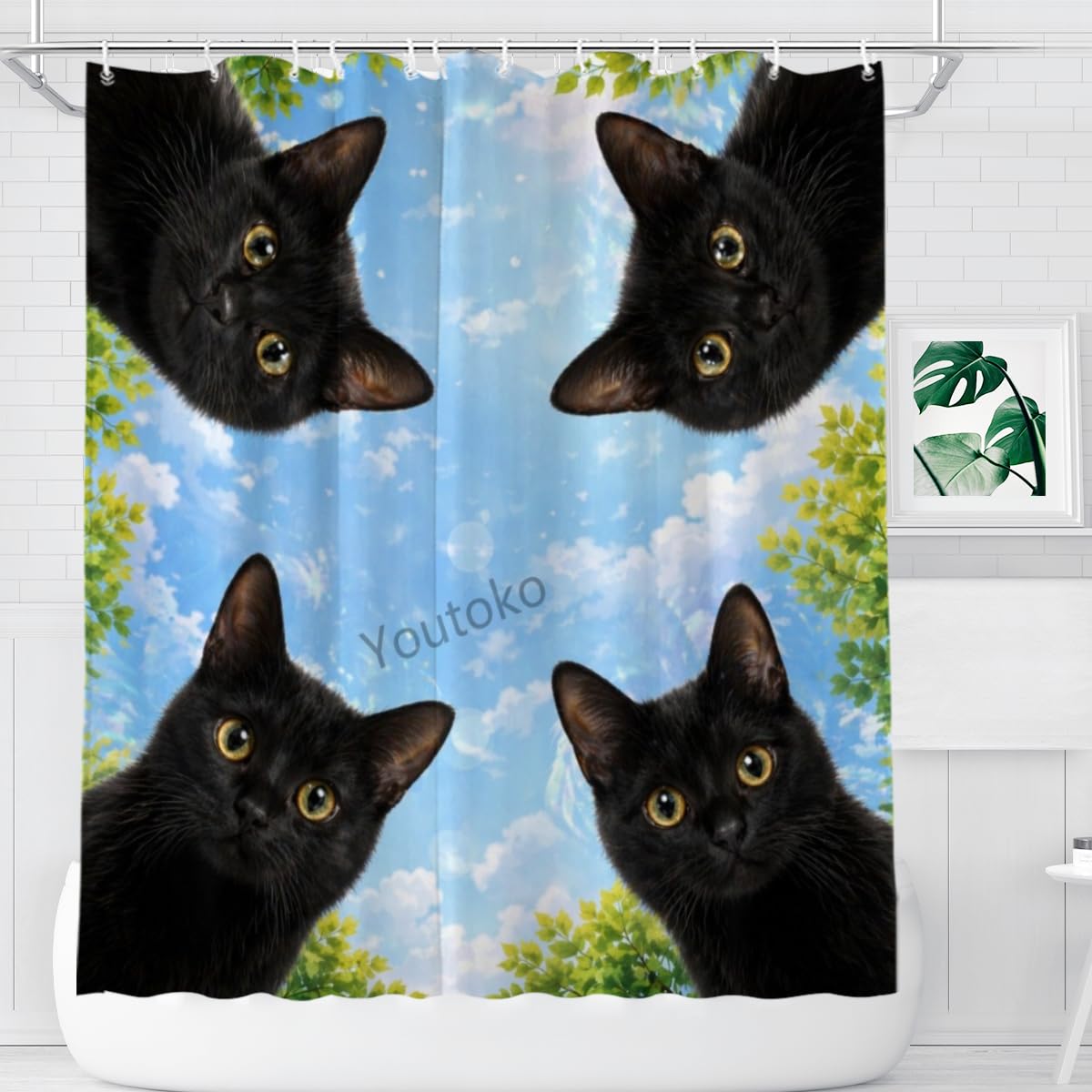 Youtoko Cute Black Cat Bathroom Decor Shower Curtain 72x72 Inch with 12 Hooks Blue Sky Nature Animal Waterproof Washable Polyester