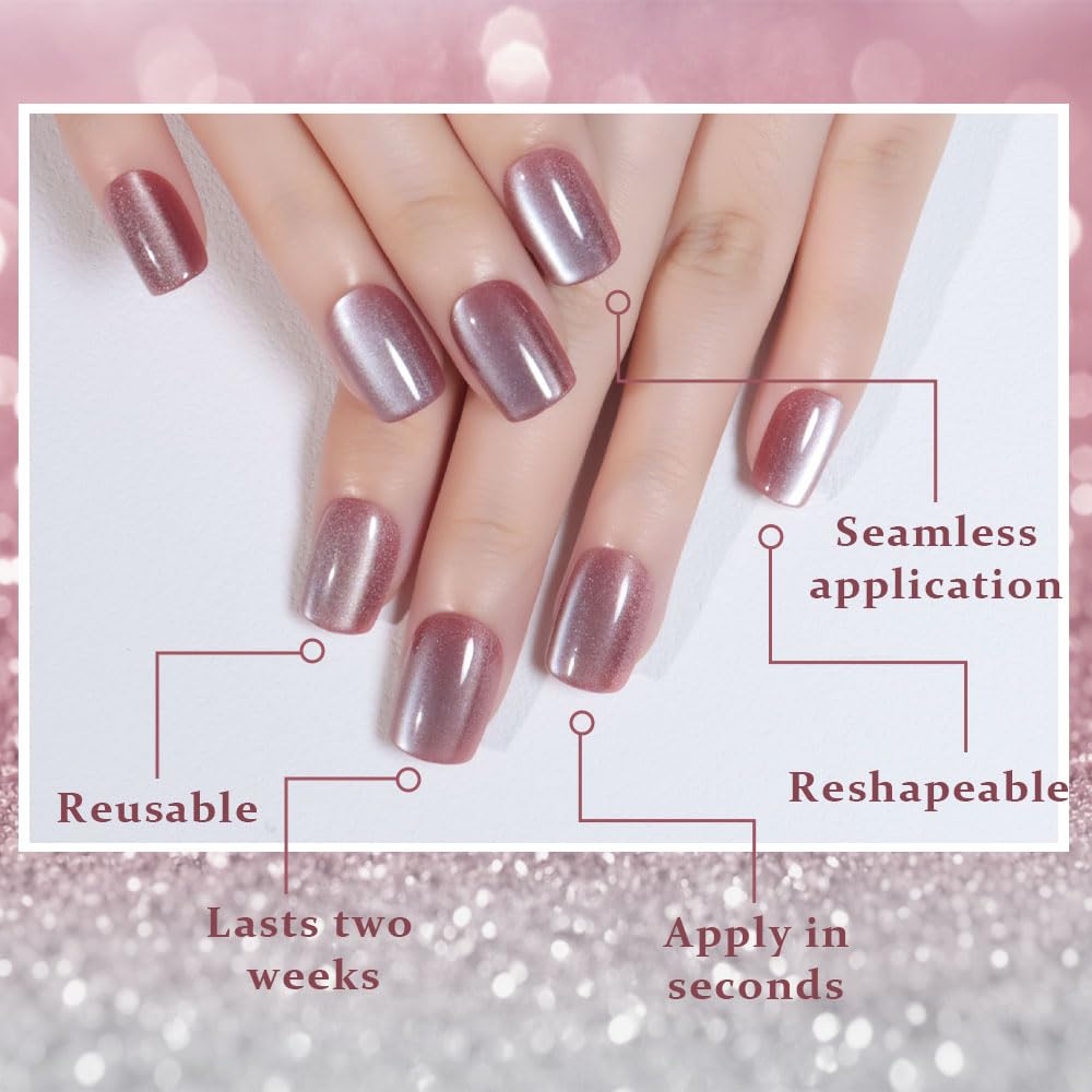 evpct Pale Mauve Cat Eye Short Press on Nails Square No Glue, Stick on Nails Short Square for Women, Metallic Glitter Glossy nails press ons, Reusable Stick Press on Acrylic Fake Nail with Designs