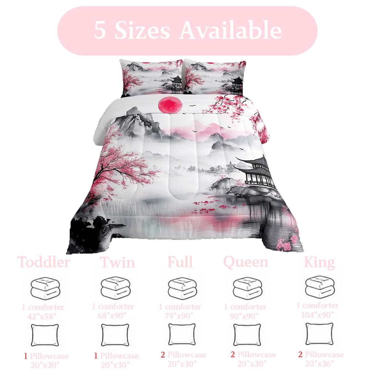jejeloiu Chinese Ink Painting Comforter Set Queen Size Cherry Blossom Bedding Set for Kids Boys Girls Japanese Style Duvet Quilt Mountain Red Sun Bedroom Decor Microfiber 3 Pcs with 2 Pillow Cases