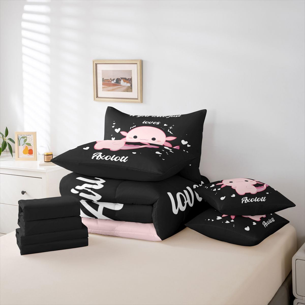 Erosebridal Love Heart 7 Piece Bedding Set King Axolotl Comforter Set with Sheets Cute Pink Salamander Girly Kawaii Bed in a Bag Axolotl Cartoon Animal Pattern for Kids Boys Girls