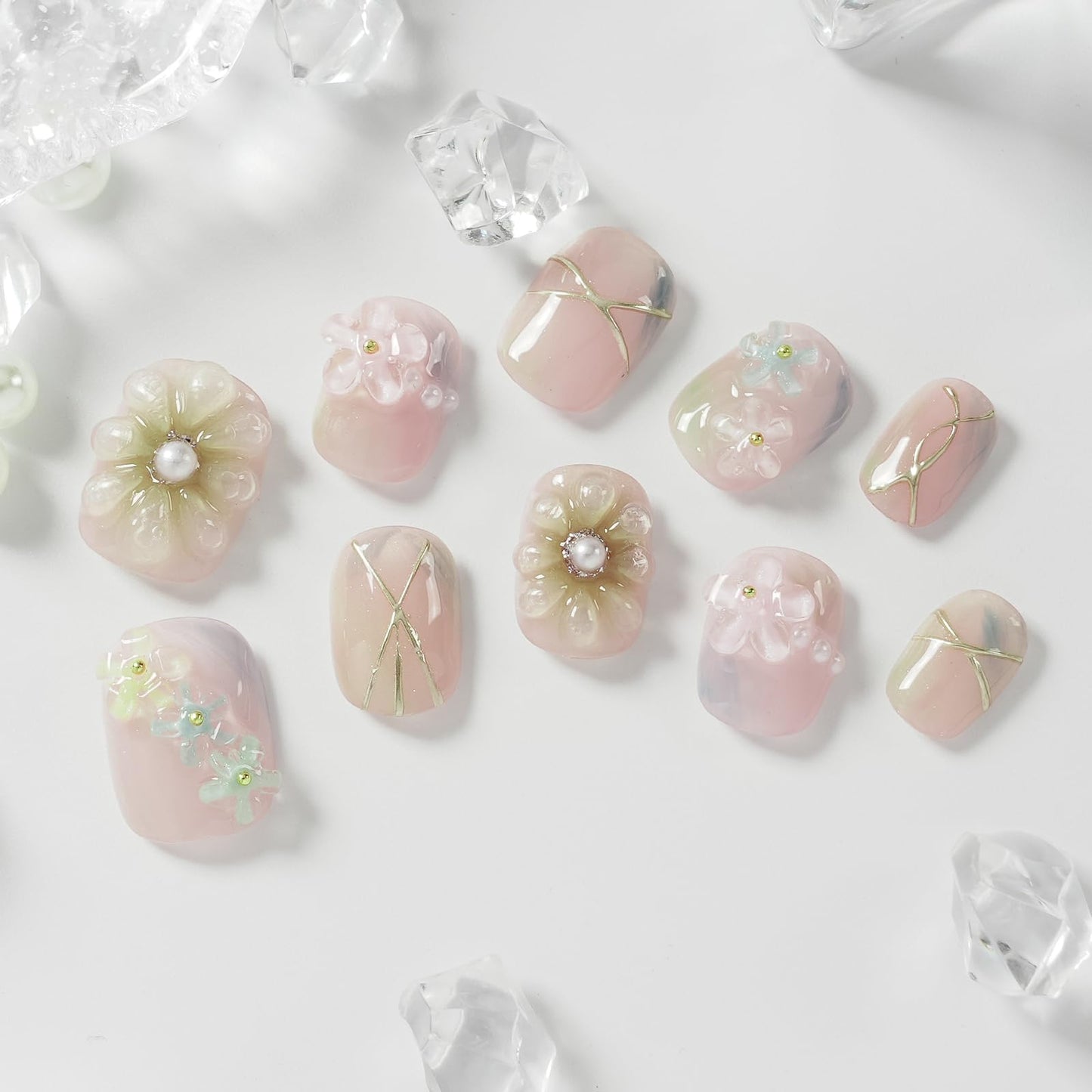 Tesytto Luxury Handmade Press On Nails Short Round, 3D Floral Pearl Design Gradient Glossy Pink Fake Nails, Reusable Soft Gel Acrylic False Nails for Women Daily Nail Art (Soft Petal Pearl Glow, M)