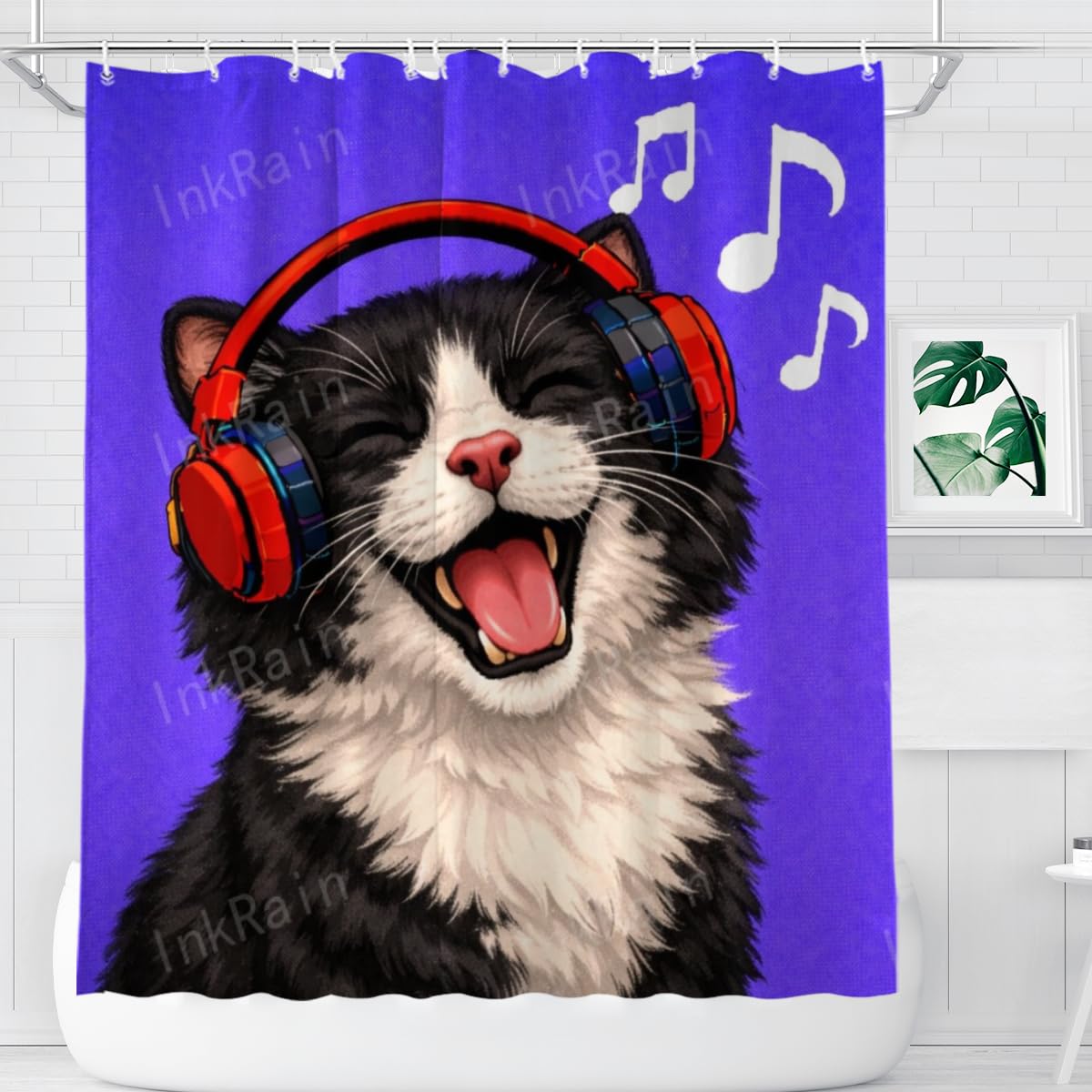 InkRain Funny Shower Curtain with 12 Hooks Tuxedo Cat with Headphones Bathroom Decor Waterproof Polyester Fabric Machine Washable Bath Curtain 72x72 Inch