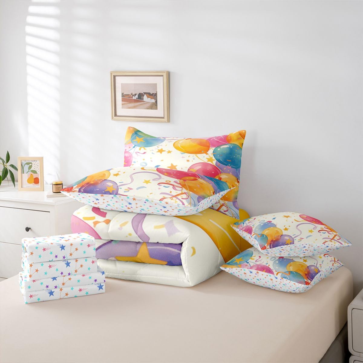 Erosebridal Colorful Balloon 7 Piece Bedding Set Queen Star Pattern Comforter Set with Sheets Birthday Theme Bed in A Bag Rainbow Bed Sets with 2 Pillowcases, 2 Throw Pillow Covers