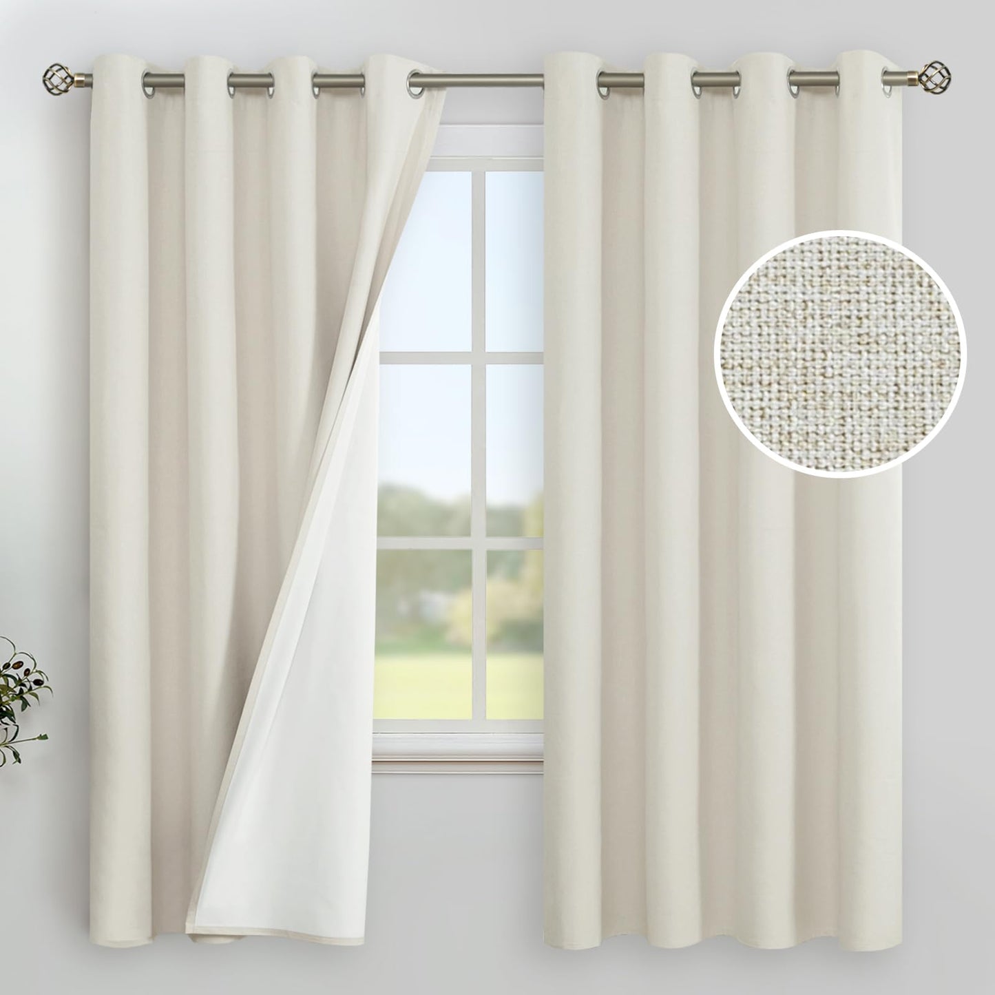 YoungsTex Linen Blackout Curtains 63 Inches Long for Bedroom, Room Darkening Window Drapes with Grommet Thermal Insulated Black Out for Living Room, 2 Panels, 52 X 63 Inch