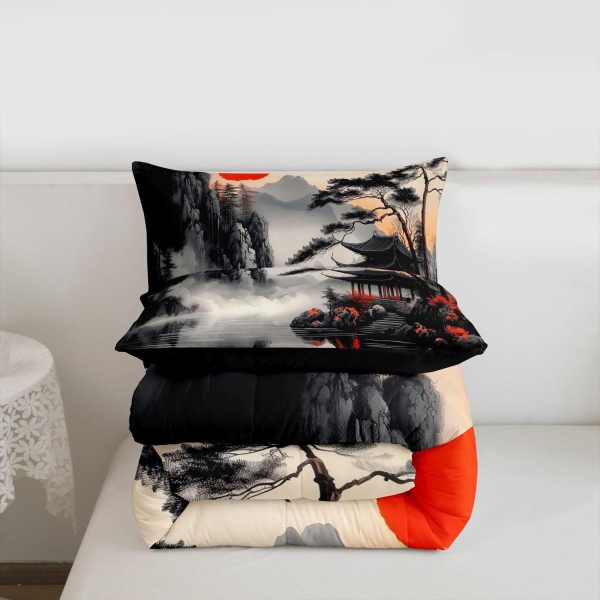 jejeloiu Chinese Ink Painting Comforter Set Queen Size Japanese Style Bedding Set for Kids Boys Girls Red Sun Mountain Duvet Quilt Bedroom Decor Microfiber 3 Pcs with 2 Pillow Cases