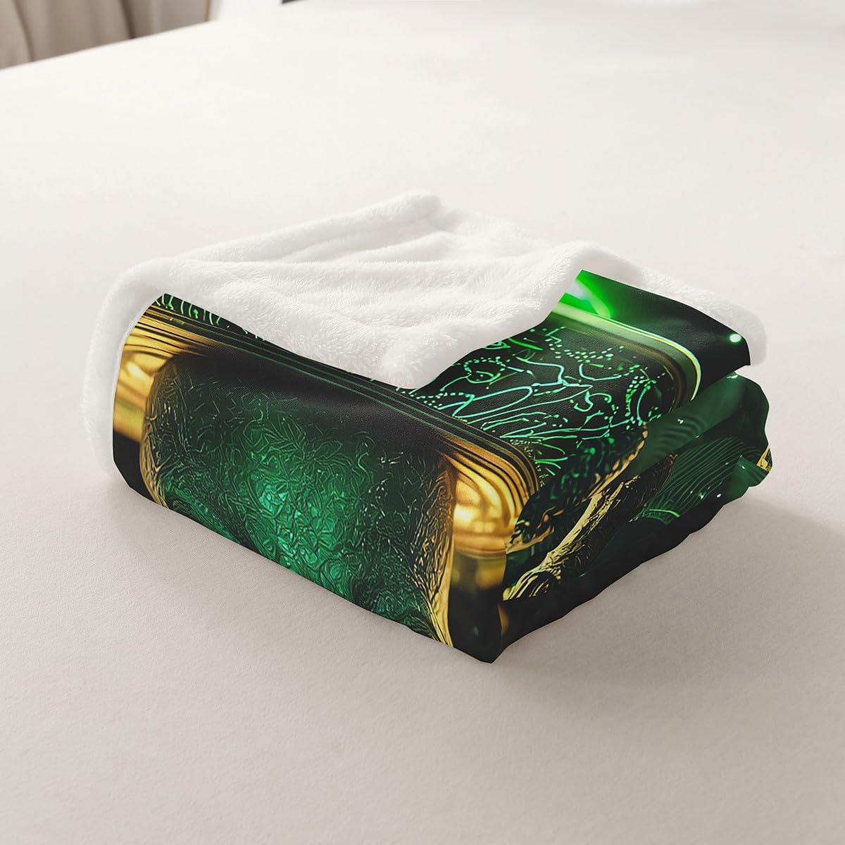 Erosebridal Alien Blanket Queen 90x90, Abstract Spaceship Soft Throw Blanket for Sofa Bed, Green Botanical Sherpa Blanket for Kids Boys Teens, Psychedelic UFO Cozy Fleece Blanket
