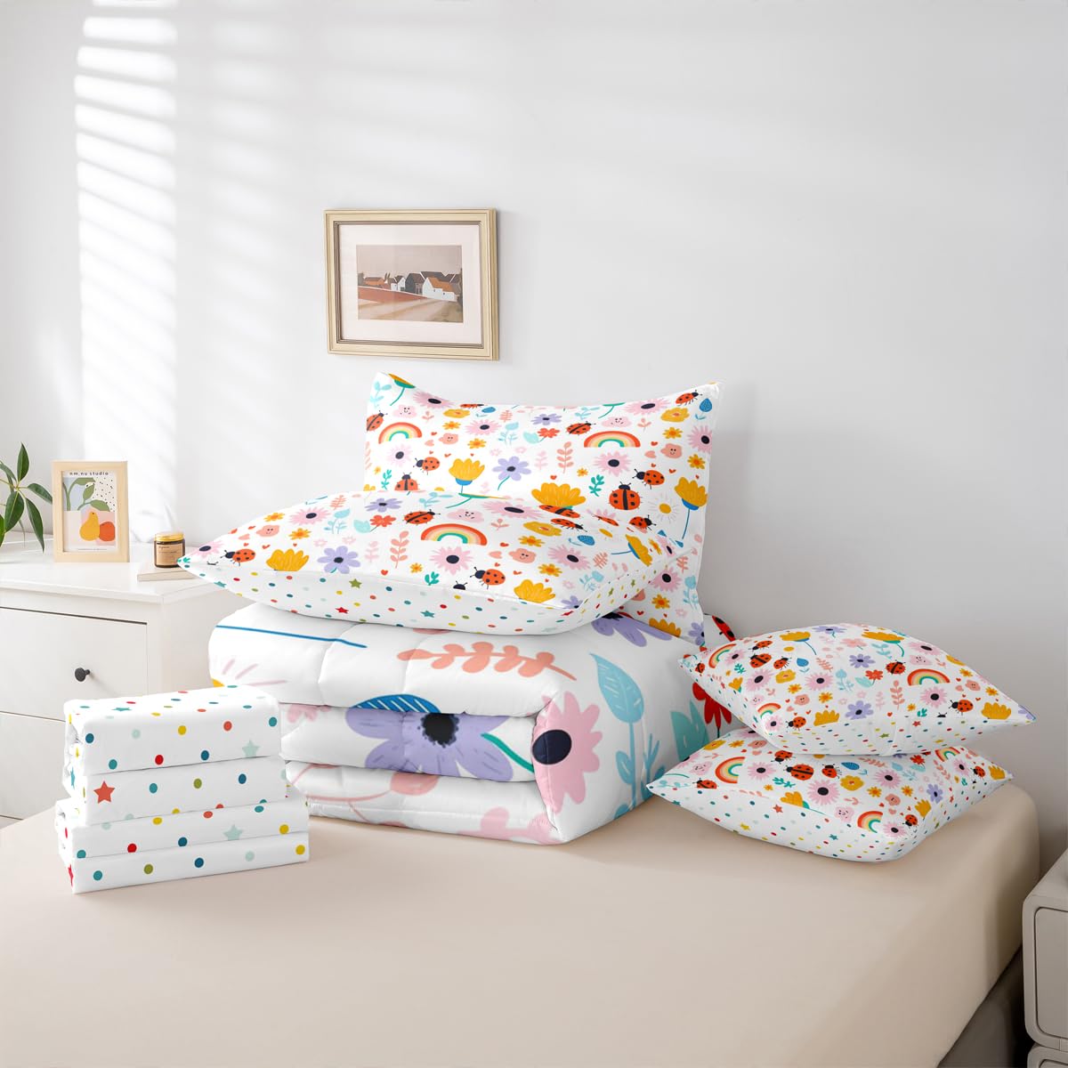 Feelyou Floral Queen Comforter Set with Sheets for Kids Boys Girls Butterfly 7 Pieces Bedding Set Cute Bed in a Bag Rainbow Room Decor Garden Plant Soft Lightweight Microfiber
