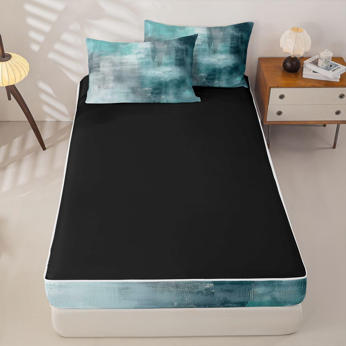 jejeloiu Abstract Twin Zipper Bedding Set Modern Art Kids Comforter Set with Fitted Sheet and 2 Pillowcases Cyan Bed in a Bag Zip Up Bedding Soft Microfiber