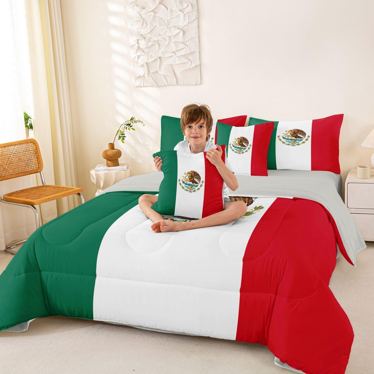 Feelyou Mexican Flag Comforter Set with Sheets 7 Piece Queen Size Mexico Bed in a Bag Kids Boys Girls World Countries Bedding Set Bedroom Decor Breathable Soft Lightweight Microfiber