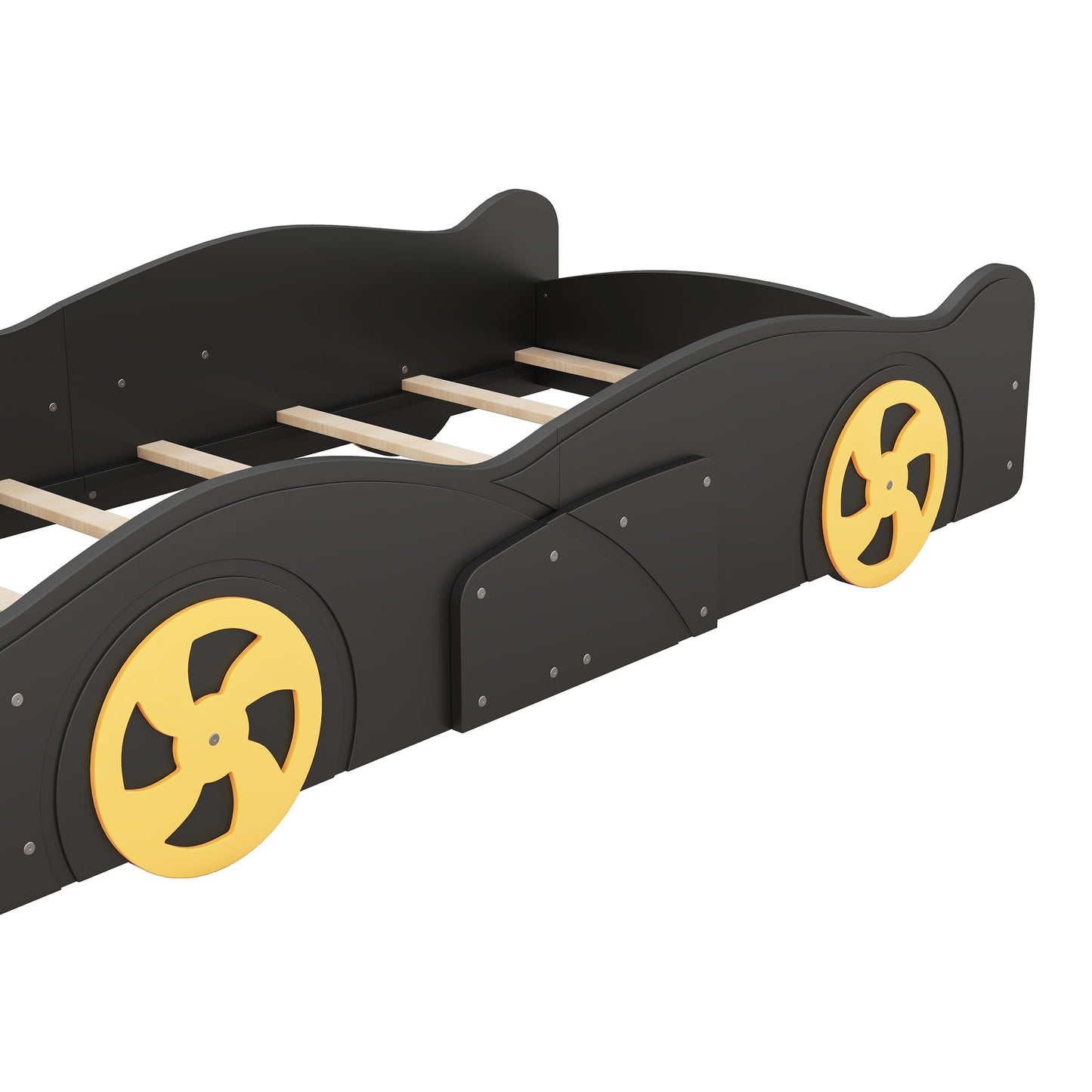 Acosure Twin Size Race Car Bed Platform Bed with Wheels and Storage,Wood Bed Frame W/Wood Slats Support,for Kids Boys Girls Teens,Box Spring Not Required,Black+Yellow
