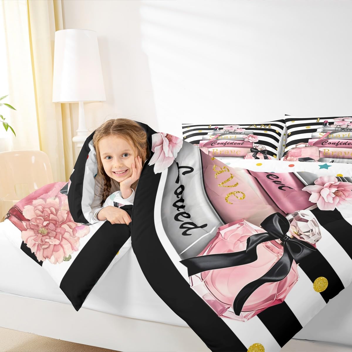 Erosebridal Pink Fashion Comforter King Size for Girls Kids Girly Modern Inspirational Quotes Bedding Set Women Abstract Black White Stripes Bed Set Magazine Books Floral Perfume Makeup Duvet Insert