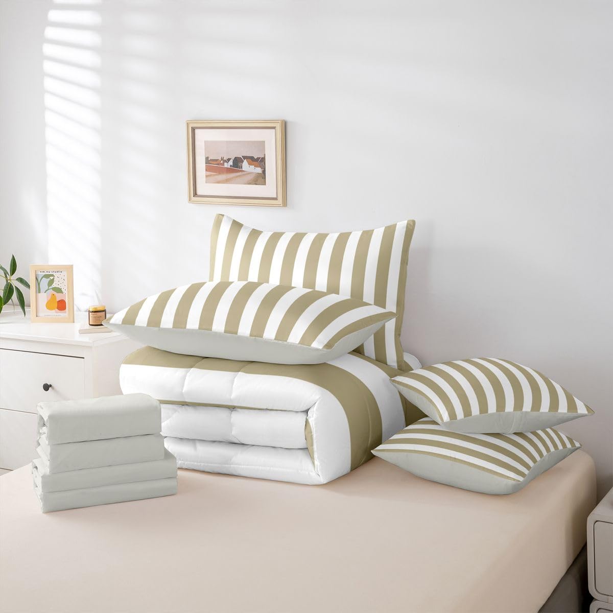 Erosebridal Beige and White Striped King 7-Piece Comforter Set Khaki Modern Abstract Striped Bedding Set with Sheets for Kids Teens Adults - Pinstripe Geometric Bed in a Bag Modern Trendy Bed Sets