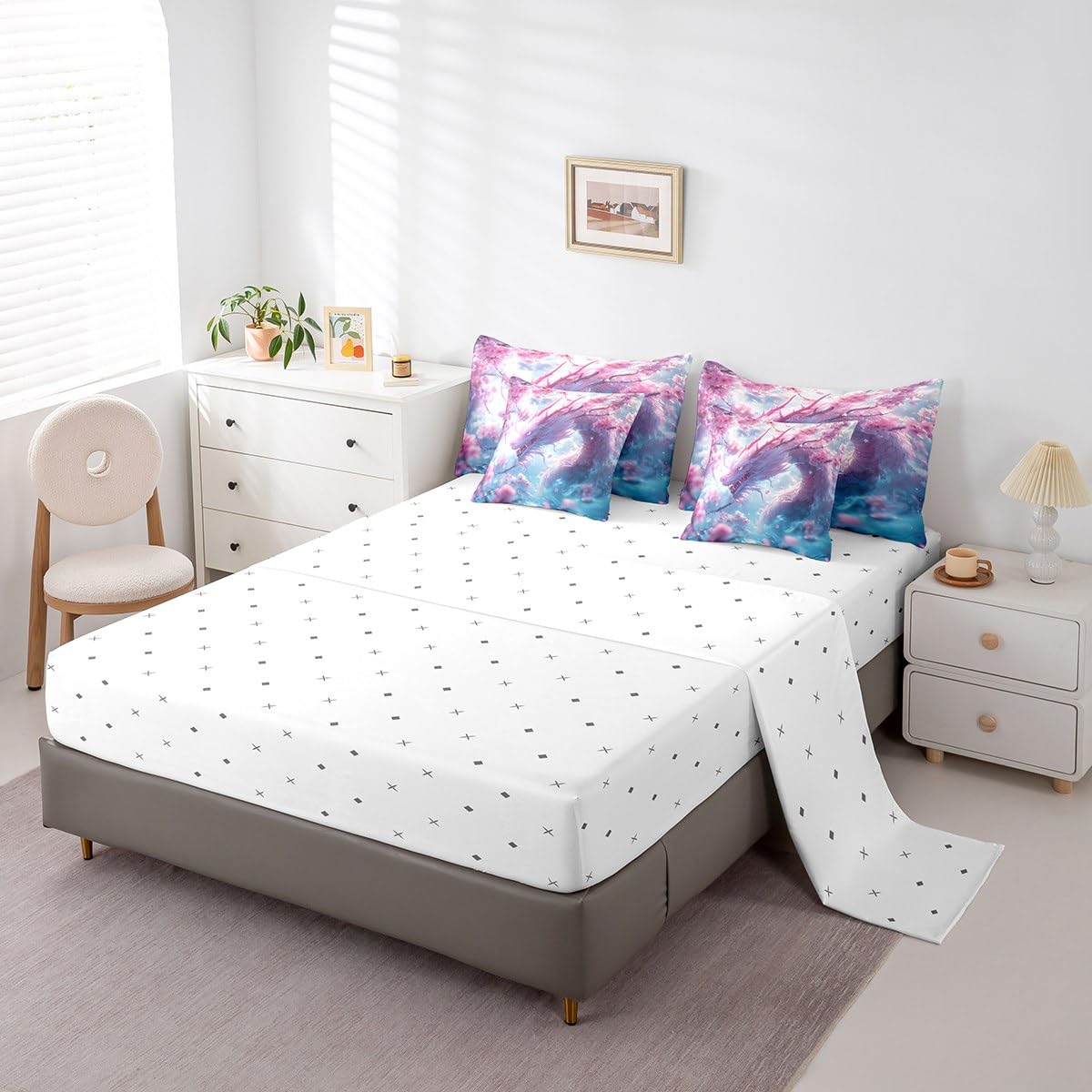 Erosebridal Dreamy Dragon Bed in A Bag Cherry Blossom Twin Comforter Set 7 Piece for Kids Boys Girls,Magical Animal Dragon Bedding Set Pink Cherry Blossom Aesthetic Animal Bed Set