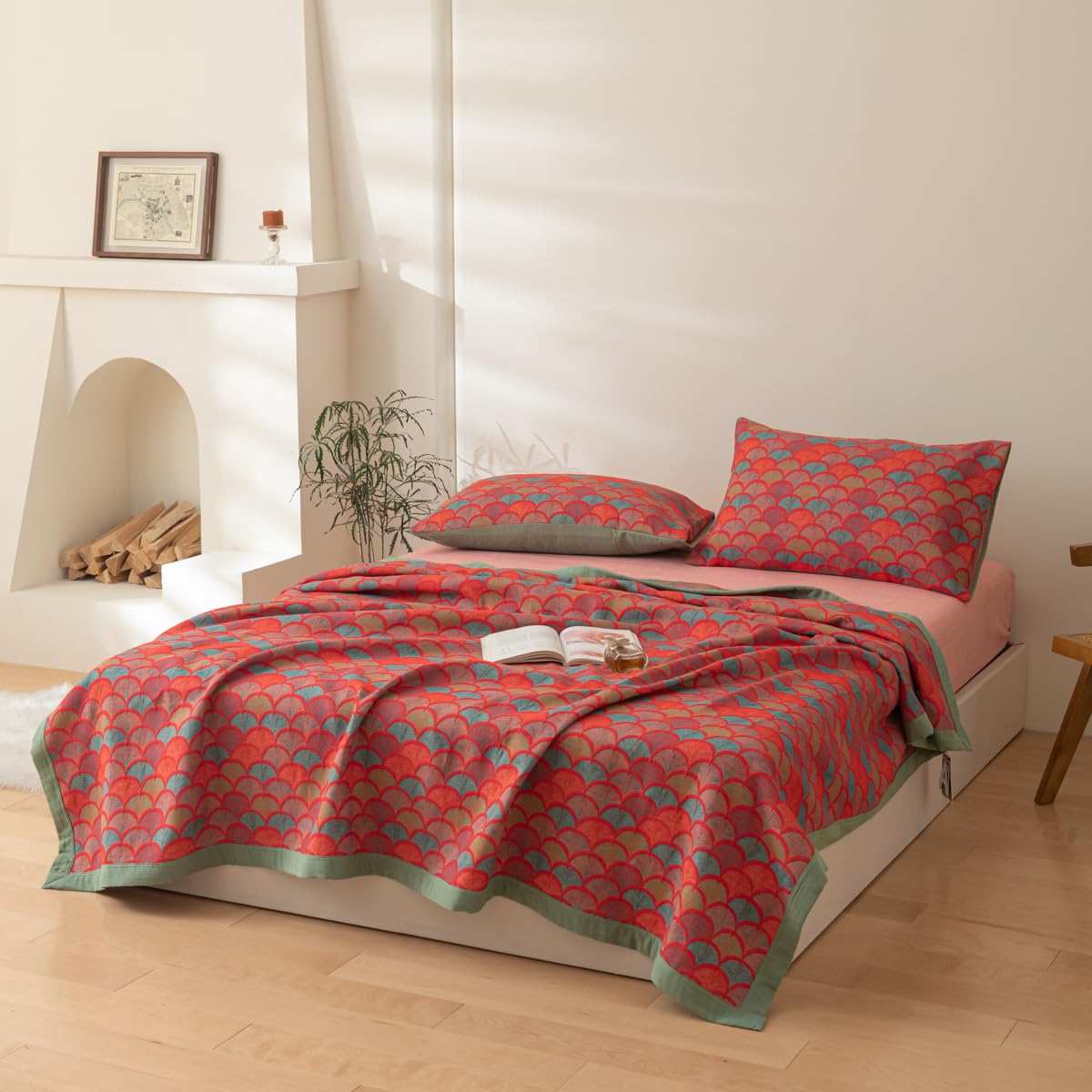 Purefair 100% Cotton Muslin Blanket Jacquard Rustic Mermaid Fish Scales Print Quilt, Soft Bed Cover Reversible Bedspread Coverlet Breathable Lightweight Bedding Full/Queen(78"x94"), No Pillow Sham