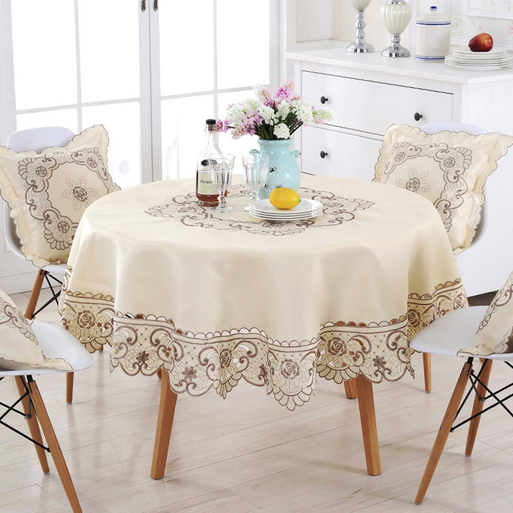 AMZALI Round Table Cloth Flower Embroidered Lace Tablecloth Wrinkle Free & Stain Resistant Fabric Tablecloths Table Cover for Kitchen Dinner (Round 60 inch)