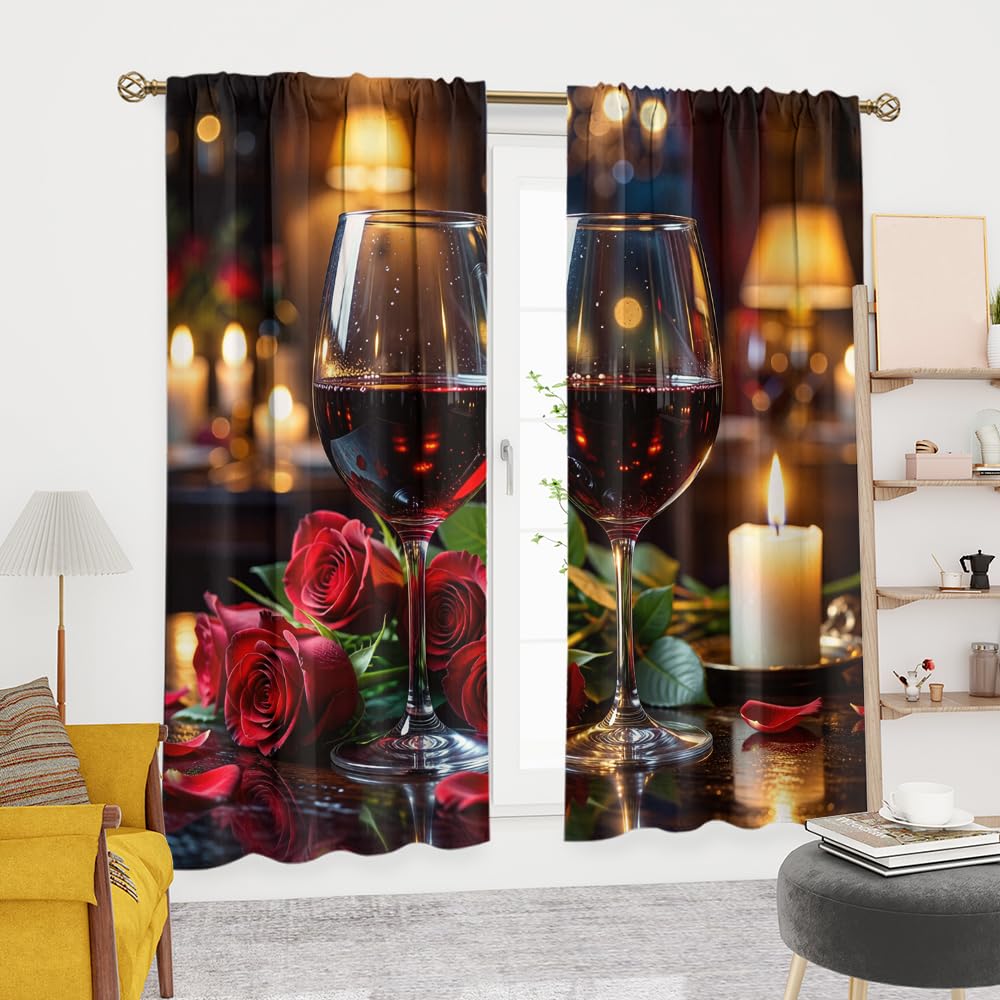 KuracleGH Romantic Valentines Day Wine Rod Pocket Curtains-Aesthetics Floral Red Rose Blackout Curtains & Drapes for Bedroom,Fashion French Wine Glass Window Curtain,2pcs,Each 21“W x 45”L