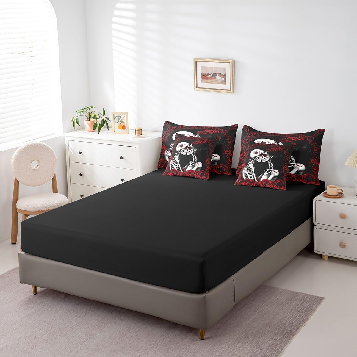 Erosebridal Sugar Skull Bed in A Bag Romantic Roses Bedding Set Valentine's Day Queen Comforter Set 7 Piece for Adults Men Women,Skeleton Lovers Red Black Bed Set Room Decor