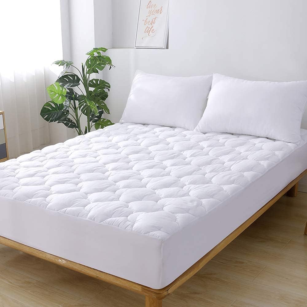 WhatsBedding Waterproof Mattress Pad Queen Size Cotton Top Down Alternative Filling Pillowtop Mattress Topper Cover-Fitted Quilted (Queen Mattress Pad)