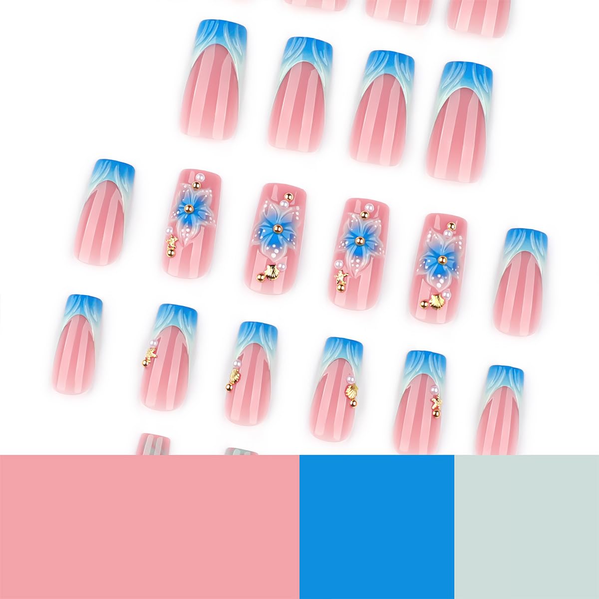 24Pcs Blue Flower Press on Nails Medium Square French Tip Fake Nails Luxury Gems with Gold Glitter Shell Starfish Design Spring Summer Stick on Nails Full Cover Artificial Glue on Nails for Women