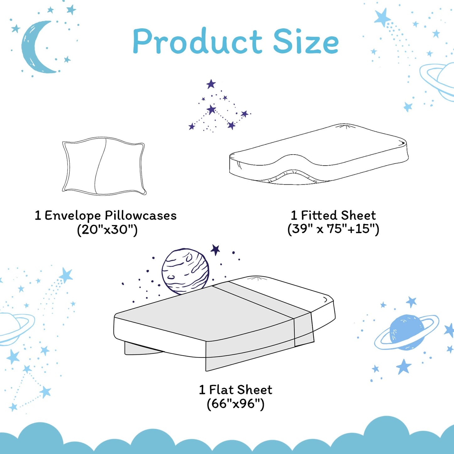 JSD Gradient Blue Moon Stars Kids Sheet Set Twin Size, 3 Piece Space Theme Microfiber Sheets Deep Pocket