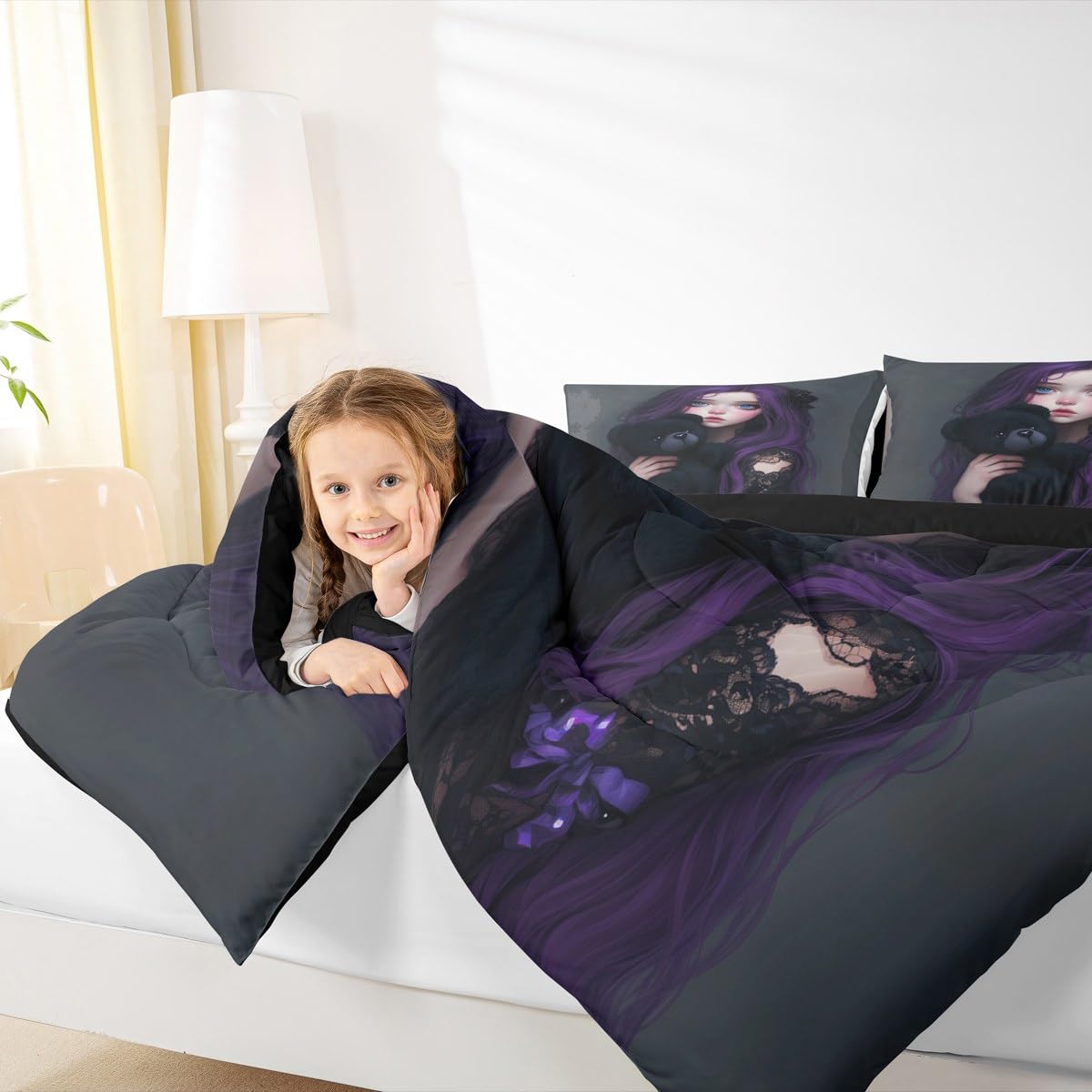 Erosebridal Anime Girl Comforter Set Twin for Kids, Kawaii Girl Duvet Insert Japanese Style Down Comforter for Girls Adult Japanese Animation Bedding Set for Bedroom Decor 1 Pillow Cases