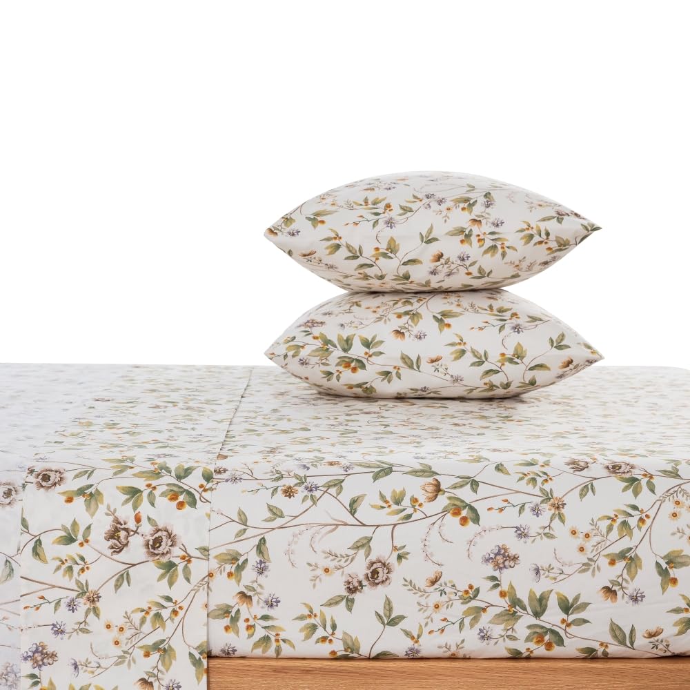 DAUAOTO 100% Cotton Bedding Printed Sheets Set for King Size Bed Up to 14" Deep Mattress, Farmhouse Pattern Bedlinen Sets, Botanic Green