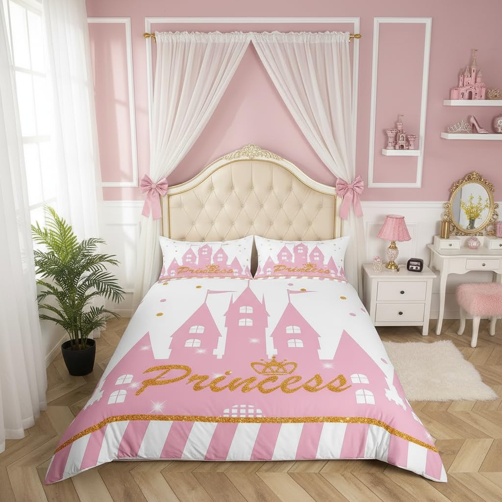 Girls Princess Duvet Cover Set Queen Size,Cartoon Castle Bedding Set 3Pcs for Kids Teens Woman Bedroom Decor,Gold Glitter Dots Lines Comforter Cover Sweet Girly White Pink Quilt Cover,2 Pillowcases