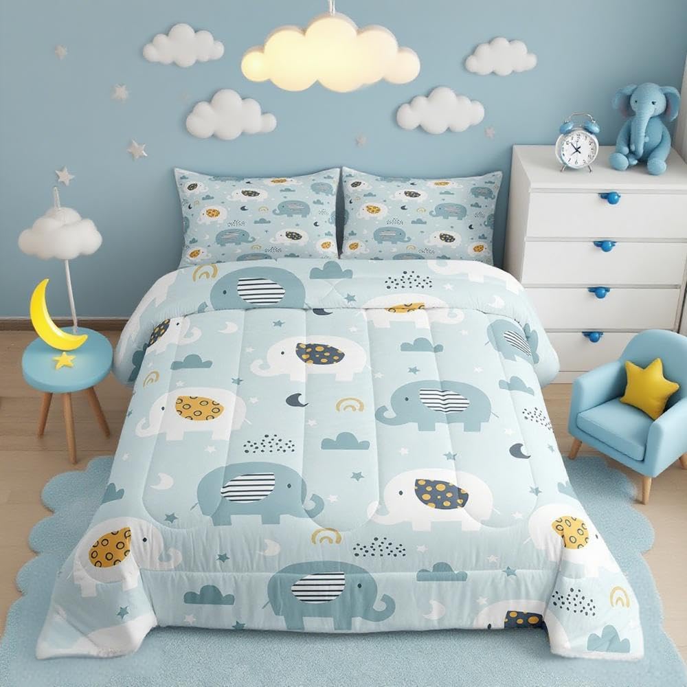 Feelyou Cartoon Elephant Bedding Set for Boys Girls Full, Kids Zoo Animal Comforter Set Rainbow Elephant Comforter Wildlife Duvet Set 3Pcs