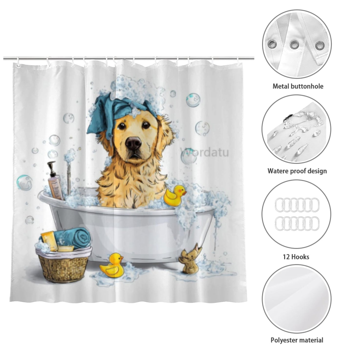 Wordatu Cute Golden Retriever Kids Shower Curtain for Bathroom Decor Funny Animal Child Lovely Farmhouse Pet Footprint Fabric Waterproof Polyester 12 Hooks 72x72 Inches
