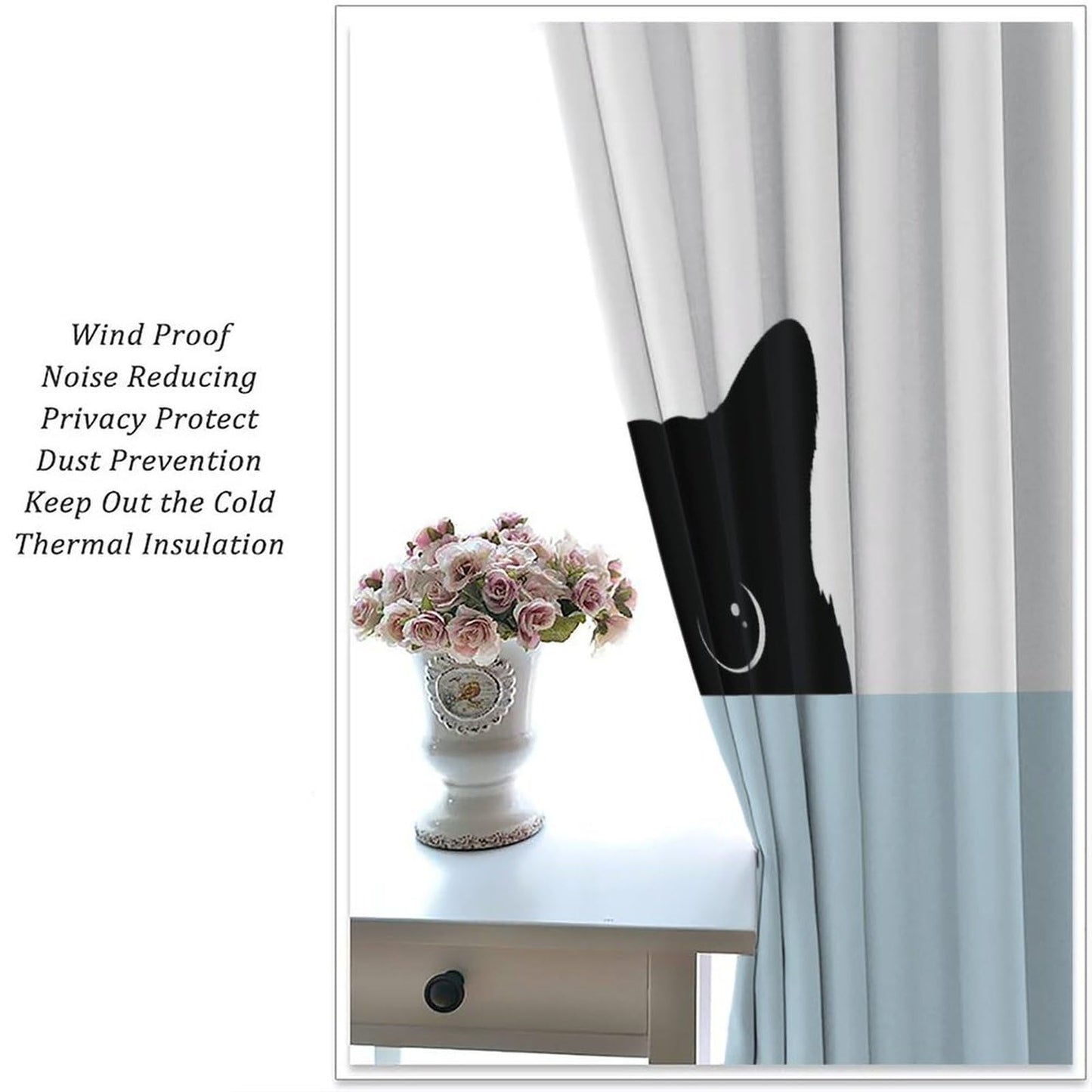 JADERYS Funny Cat Curtains Cartoon Cute Pet Animal Black Cat White Blue Bedroom Living Room Bathroom Blackout Rod Pocket Decoration Window Drapes 2 Panels W21xL45in