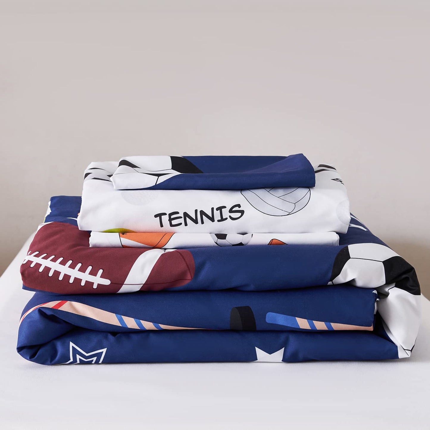 URBONUR 4-Piece Toddler Bedding Set - Ultra Soft Sports Series Baseball Football Basketball Boys Toddler Comforter Set Navy - Include Comforter, Flat Sheet, Fitted Sheet and Reversible Pillowcase