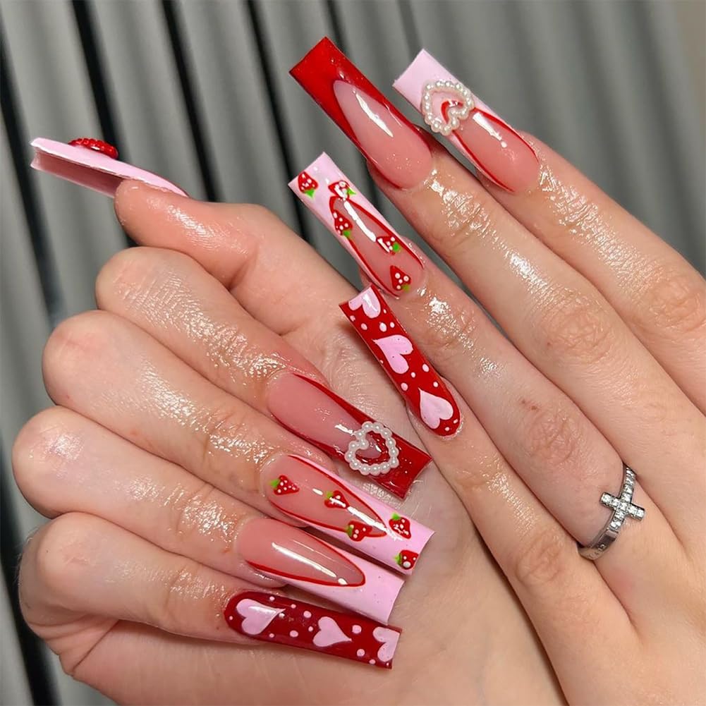 Valentines Nails - Long Press On Nails Coffin Fake Nail With 3D Heart Pearl Strawberry Designs Pink French Acrylic Artificial Glue On False Nail Press Ons Stick On Nails for Women Girls