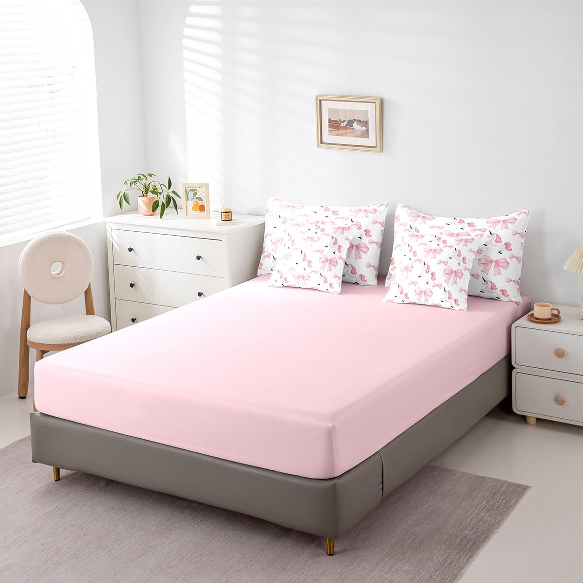 Erosebridal 7 Piece Girls Bowknot Kids Comforter Set King Bed in a Bag,Cute Pink Unicorn Bedding Set for Kids Child,Dreamy Princess Style Quilt Comforter,Girly Horse Bow Tie Valentine Duvet Insert